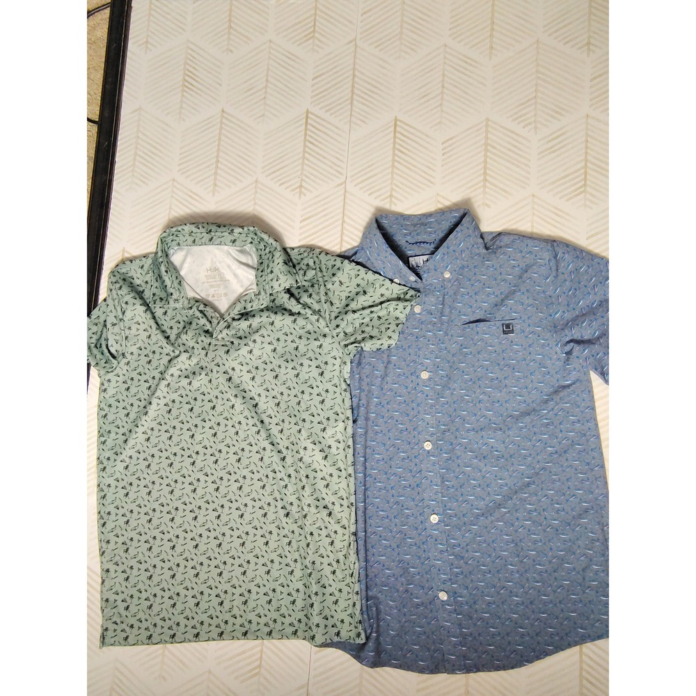 Huk Youth Large Shirts Bundle Green Palm Polo Blue Button Down Fishing 2pc Lot